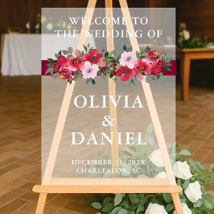 Burgundy Floral Winter Wedding Welcome Frosted Acrylic Sign