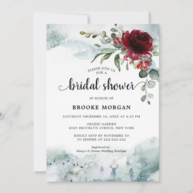 Burgundy Floral Winter wonderland Bridal Shower Invitation (Front)