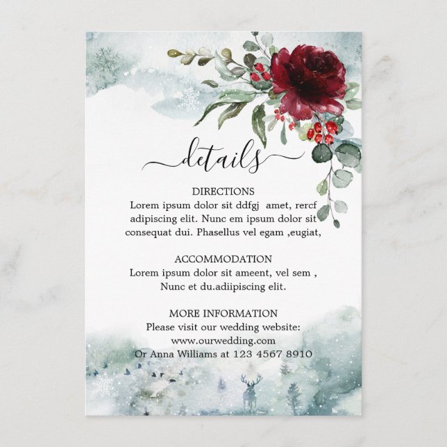 Burgundy Floral Winter wonderland wedding Details Enclosure Card (Front)