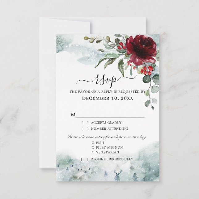 Burgundy Floral Winter wonderland wedding RSVP Card (Front)