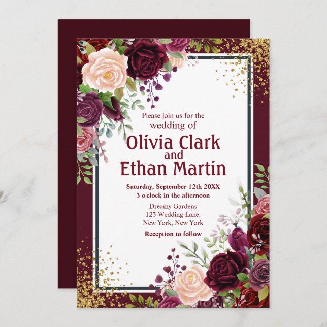 Burgundy Floral with Gold Glitter Confetti Invitation (Front/Back)