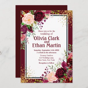Burgundy Floral with Gold Glitter Confetti Invitation