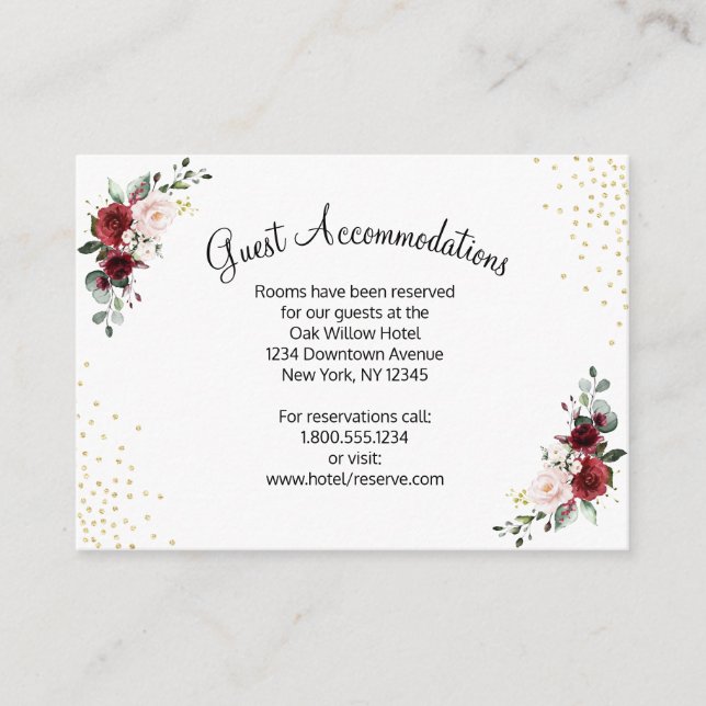 Burgundy Floral With Gold Guest Accommodations Enclosure Card (Front)