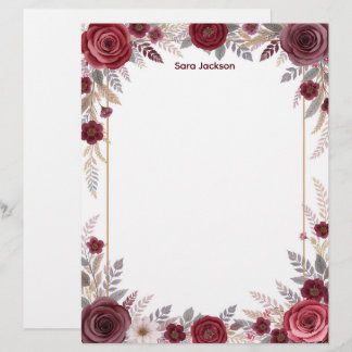 Burgundy Floral with Gray Accents Stationery Paper Custom Letterhead