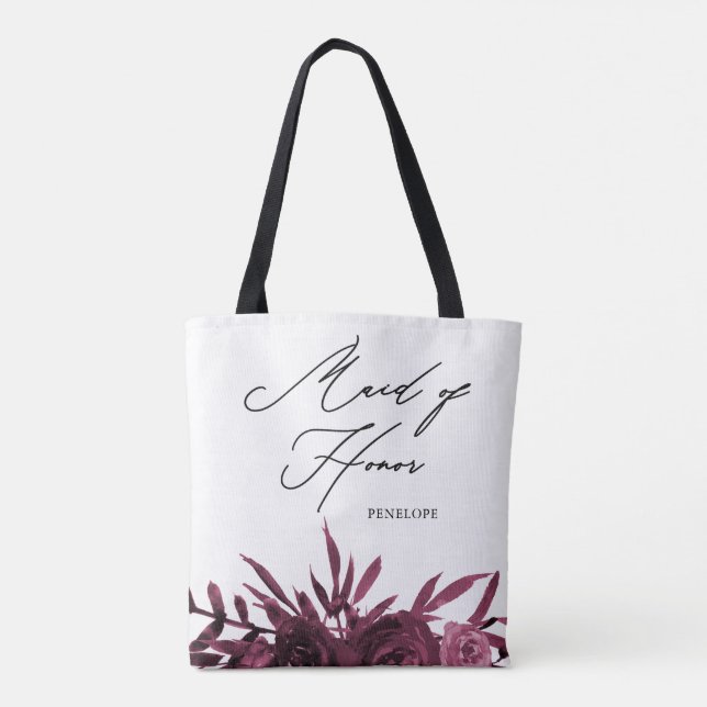 Burgundy Floral with Maid of Honour Script Tote Bag (Back)