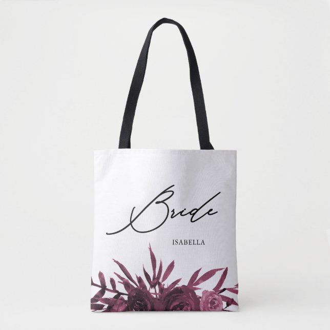 Burgundy Floral with Stylish Bride Script Tote Bag (Front)