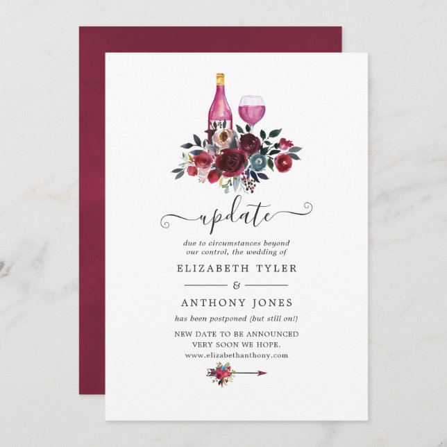 Burgundy Floral Wne Tasting Wedding Update Invitation (Front/Back)