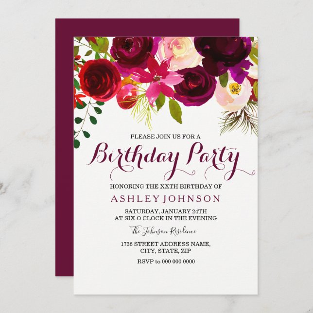 Burgundy Floral Womans Birthday Party Invitation (Front/Back)