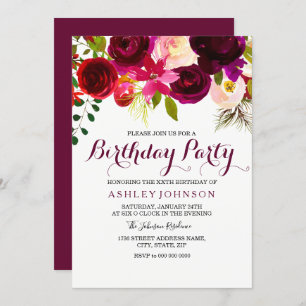 Burgundy Floral Womans Birthday Party Invitation