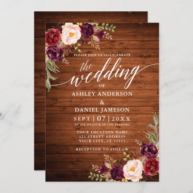 Burgundy Floral Wood Calligraphy Photo Wedding Invitation (Front/Back)