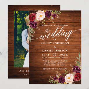 Burgundy Floral Wood Calligraphy Photo Wedding Invitation
