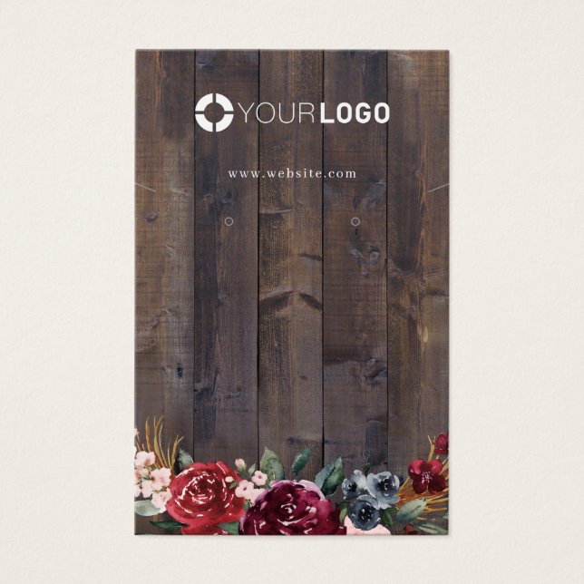 Burgundy floral wood custom logo earring display (Front)