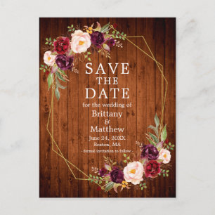 Burgundy Floral Wood Geo Frame Save the Date Postcard