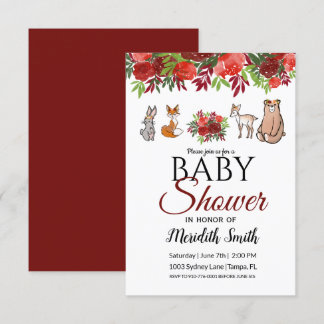 Burgundy Floral Woodland Animals Baby Shower Invitation