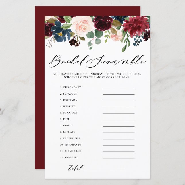 Burgundy Floral Word Scramble Bridal Shower Game (Front/Back)