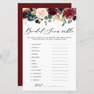 Burgundy Floral Word Scramble Bridal Shower Game
