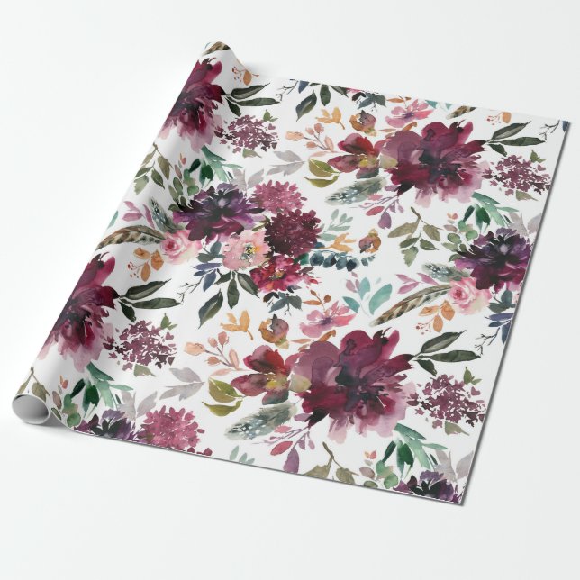 Burgundy Floral Wrapping Paper (Unrolled)
