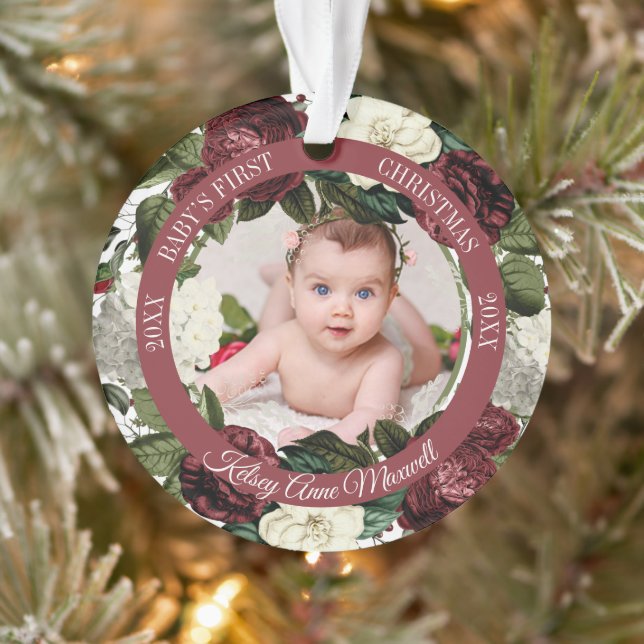 Burgundy Floral Wreath Babys First Christmas Photo Ornament (Tree)