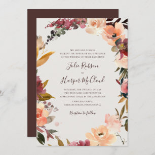 Burgundy Floral Wreath   Beige Traditional Wedding Invitation