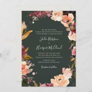 Burgundy Floral Wreath Beige Traditional Wedding Invitation