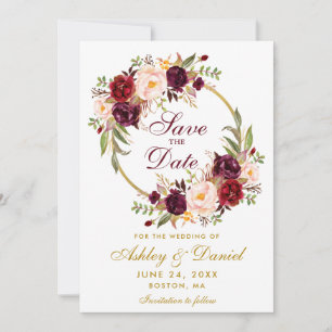 Burgundy Floral Wreath Gold Save The Date