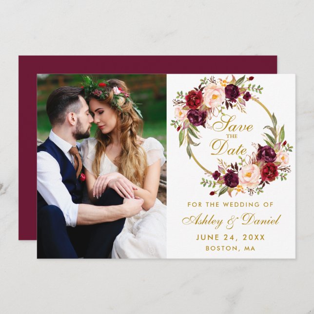 Burgundy Floral Wreath Gold Save The Date Photo (Front/Back)