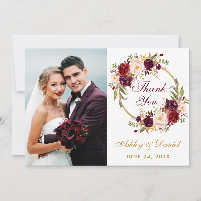 Burgundy Floral Wreath Gold Wedding Photo Thanks Thank You Card (Front)