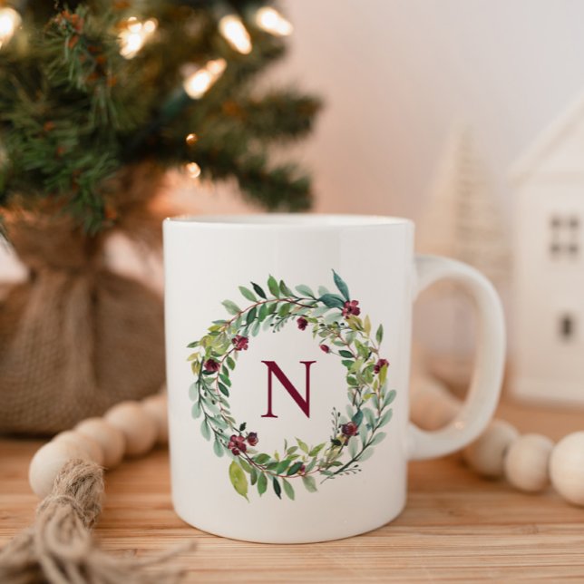 Burgundy Floral Wreath Initial Monogram Coffee Mug (Creator Uploaded)