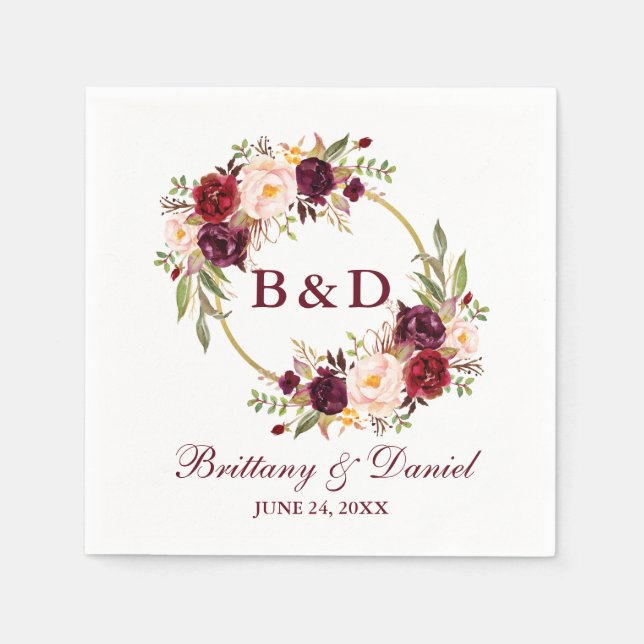 Burgundy Floral Wreath Monogram Wedding Napkin (Front)