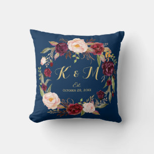 Burgundy Floral Wreath Navy Blue Wedding Monogram Cushion