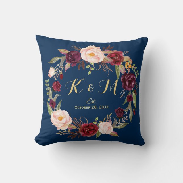 Burgundy Floral Wreath Navy Blue Wedding Monogram Cushion (Front)