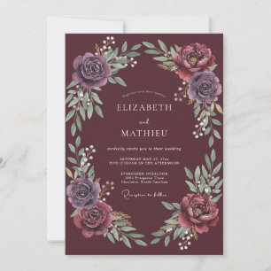 Burgundy Floral Wreath Romance Wedding Invitation