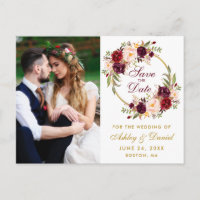 Burgundy Floral Wreath Save The Date Photo