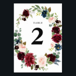 Burgundy floral wreath wedding Table number<br><div class="desc">A Modern design with burgundy navy and blush flowers with black text. The text and colours on this card can be personalised.</div>