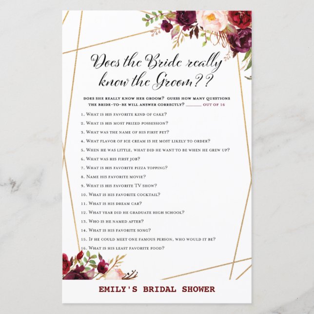 Burgundy Florals Bridal Shower Game PRINTED (Front)