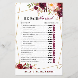 Burgundy Florals Bridal Shower Game PRINTED