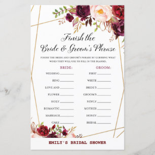 Burgundy Florals Bridal Shower Game PRINTED