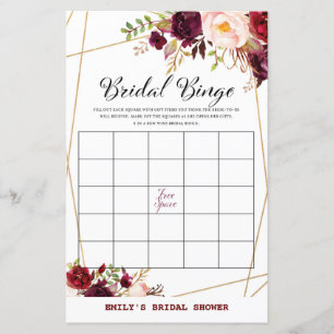 Burgundy Florals Bridal Shower Game PRINTED