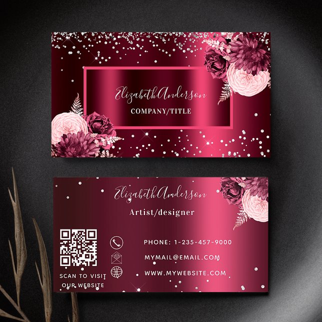Burgundy florals elegant QR code  Business Card (Creator Uploaded)