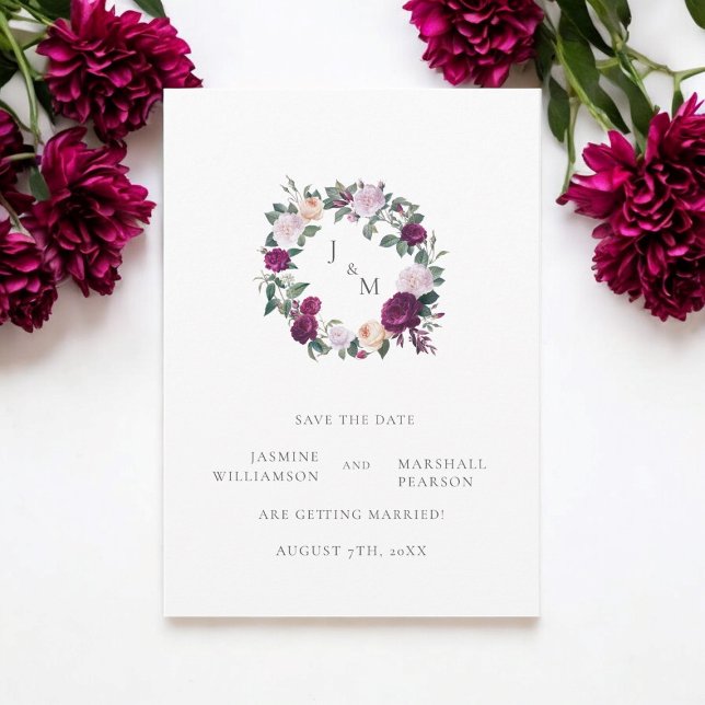 Burgundy florals elegant save the date  invitation (stunning save the date card with monogram and a floral wreath )