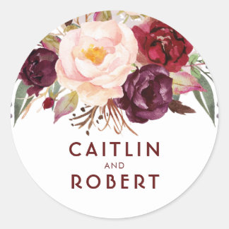 Burgundy Florals Elegant Wedding Classic Round Sticker