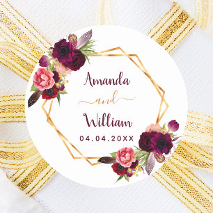 Burgundy florals geometric wedding boho classic round sticker