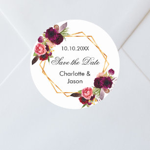 Burgundy florals geometric wedding Save the Date Classic Round Sticker