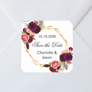Burgundy florals geometric wedding Save the Date Square Sticker