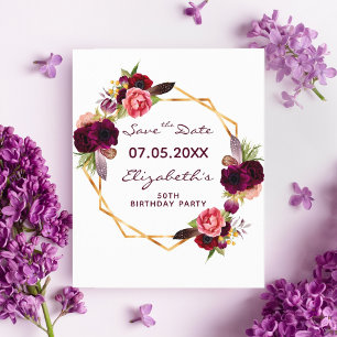 Burgundy florals gold birthday Save the Date card