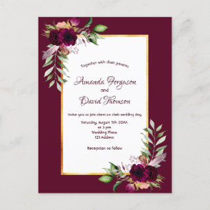 Burgundy florals gold boho wedding invitation postcard