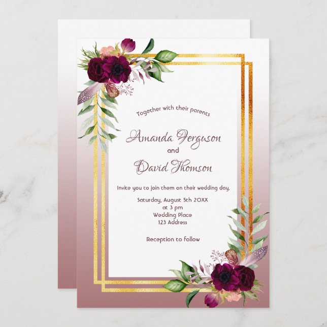 Burgundy florals gold cinnamon rose wedding invitation (Front/Back)