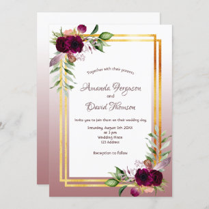 Burgundy florals gold cinnamon rose wedding invitation