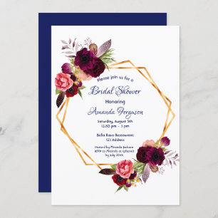 Burgundy florals gold geometric boho bridal shower invitation