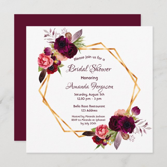 Burgundy florals gold geometric boho bridal shower invitation (Front/Back)